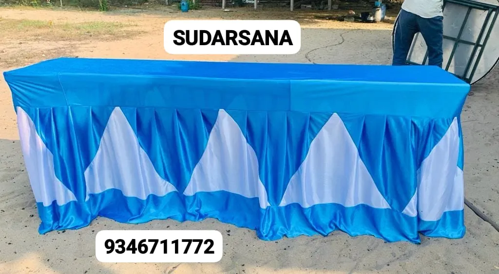 Premium Blue & White Wedding Event Table Cover with Pleated Table Skirting